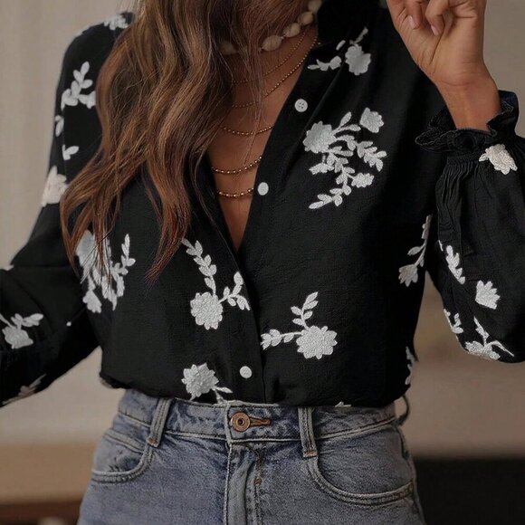BestSelling Black Casual Women's Embroidered Floral Printed blouse - Picture 6 of 6